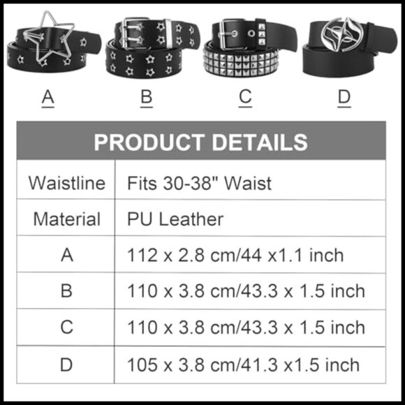 4 Pack Punk Gothic Studded Belts with Metal Buckles Adjustable PU Leather main image 6